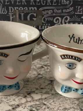 White Ceramic Baileys Face Mug with Brown Rim - Set of 2